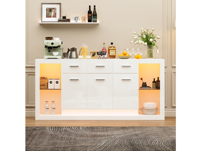 Meuble rangement buffet salon 160x40x75 cm 14 compartiments led blanc laqué homvra  - Conforama B