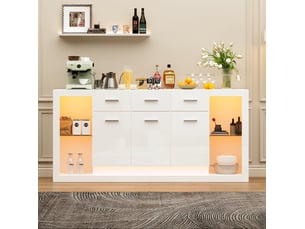 Meuble rangement buffet salon 160x40x75 cm 14 compartiments led blanc laqué homvra