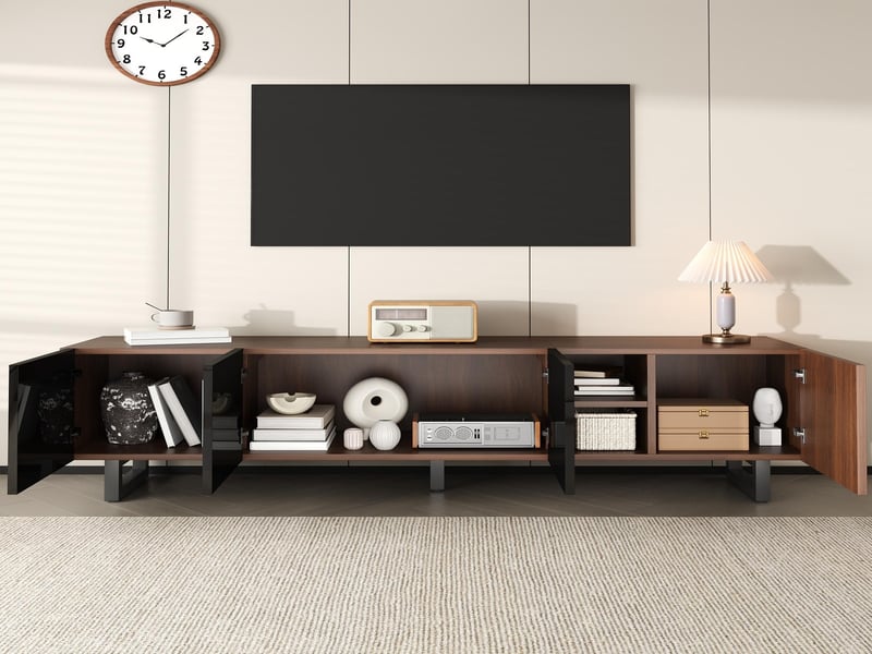  Meuble tv 180 cm noir brillant et bois naturel 4 portes sans poignée  - Conforama B