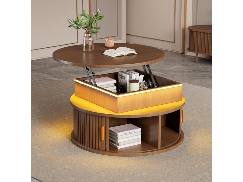  Table basse relevable ronde avec 2 portes à rideau, 5 rangements et led pour salon, en mdf noyer, 75 × 75 × 52 cm  - Conforama C