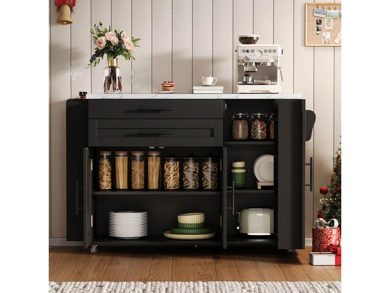 Îlot de cuisine sur roulettes avec plateau rabattable, desserte de rangement avec portes en verre et tiroirs, noir, 138x70x90 cm - Conforama W