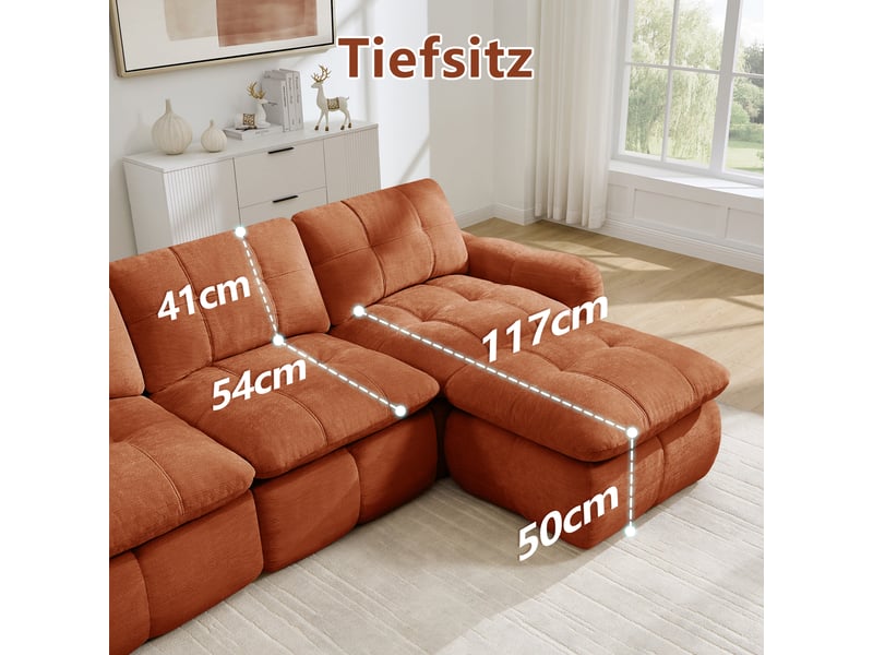 Canapé panoramique modulable 3 places en chenille orange – 264 x 160 x 68 cm Fay Lum - Conforama E