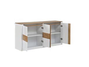 Buffet led 140 cm 4 portes mdf - meuble salon blanc brillant et chêne avec étagères réglables