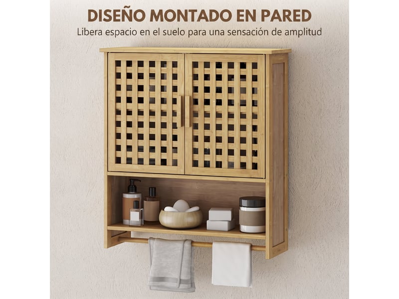  Armoire murale de salle de bain en bambou, 2 portes ajourées, étagère réglable, 62 x 20 x 66 cm  - Conforama W