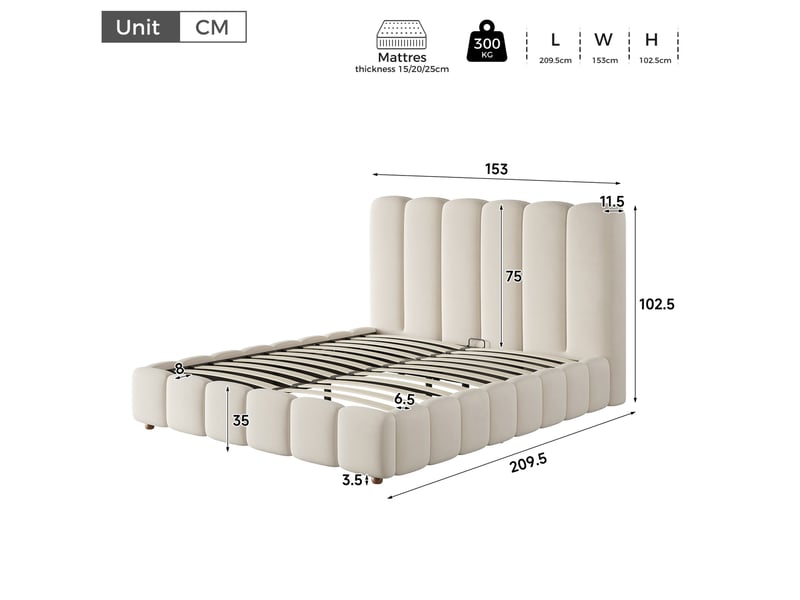  Lit coffre 140 × 190 cm 2 places avec rangement hydraulique, tête de lit rembourrée, sans matelas, velours beige  - Conforama D