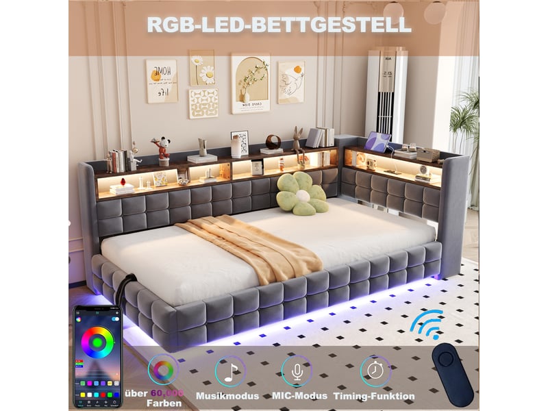 Lit coffre 90x200 cm - lit simple avec rangement hydraulique - tête de lit led, usb & type-c - étagères - gris - Conforama E