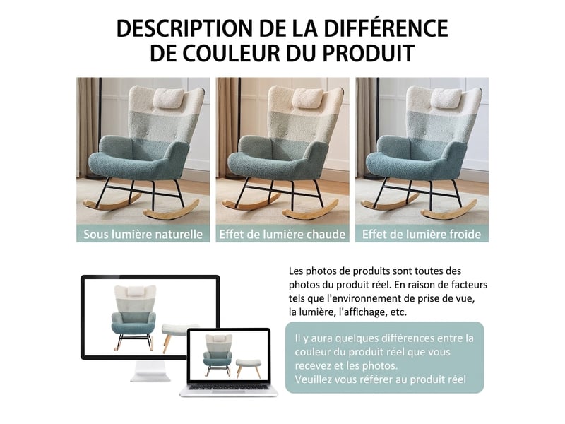  Fauteuil à bascule bouclette patchwork avec repose-pieds, dossier haut 60 cm, pieds en bois et métal, charge 100 kg  - Conforama W