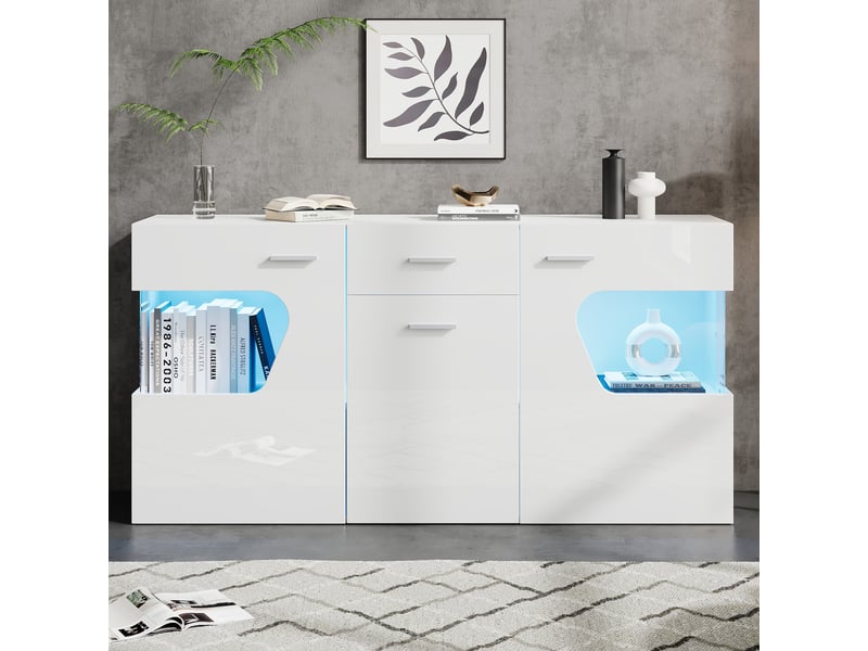 Buffet bas 140x33x70 cm avec led via appli, 3 portes, 1 tiroir, 8 rangements, verre trempé, façade blanc brillant, meuble salon et séjour - Conforama C