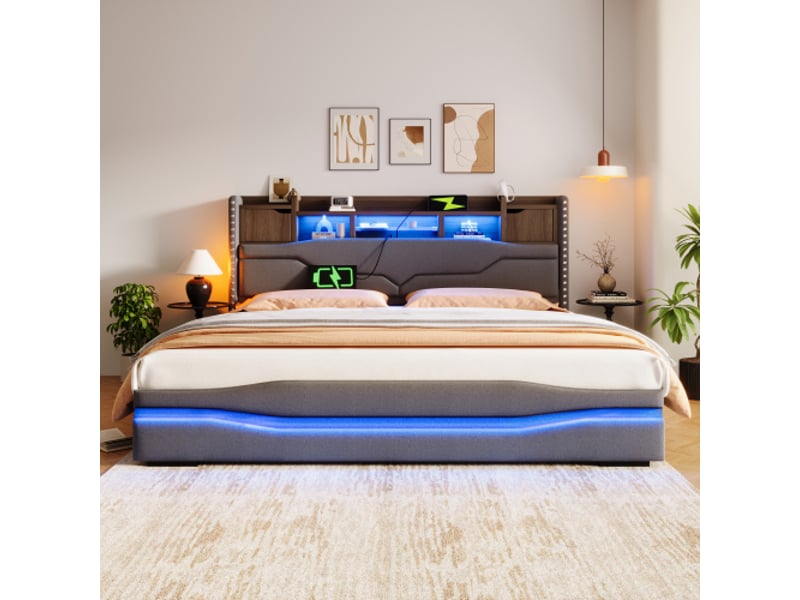  Lit rembourré 180x200 cm avec éclairage led et rangement lit coffre hydraulique avec port de chargement usb-c lin gris  - Conforama B