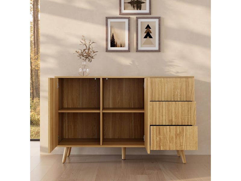  Buffet de salon bas 2 portes 3 tiroirs cannelé | meuble de rangement à rainures | console d'entrée | 120x40x76cm | modèle renzo l | couleur chêne alba Renzo L - Conforama D