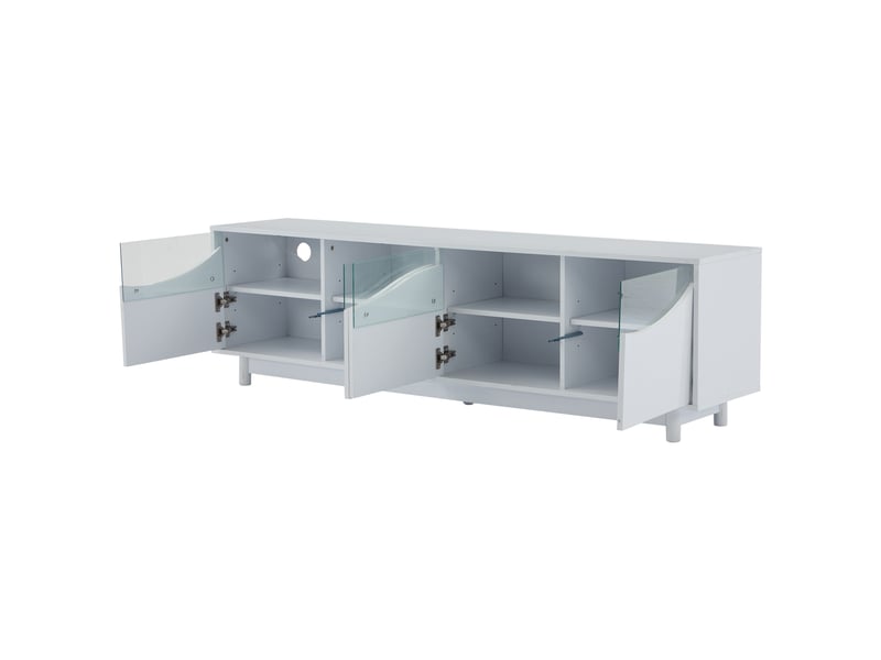  Meuble tv blanc laqué 175 cm avec led bluetooth, design incurvé et portes en verre trempé, pour écran jusqu'à 70 pouces  - Conforama D