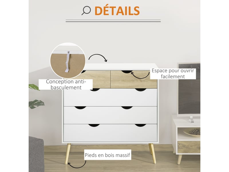  Commode 5 tiroirs design scandinave meuble de rangement chambre panneau de particules 99 x 39 x 101 cm blanc aspect chêne clair  - Conforama E