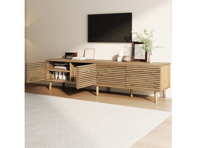 Meuble tv 180x40x46 cm pour téléviseur jusqu'à 75 pouces, 4 portes, bois clair - Conforama D
