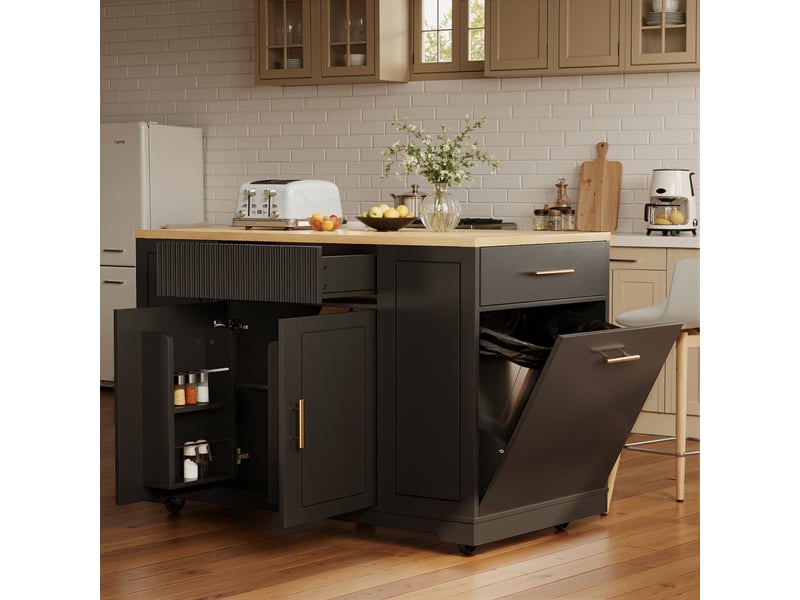  Îlot de cuisine sur roulettes 120x50x92 cm avec compartiment poubelle, 2 portes et 3 tiroirs, chariot de service noir  - Conforama E