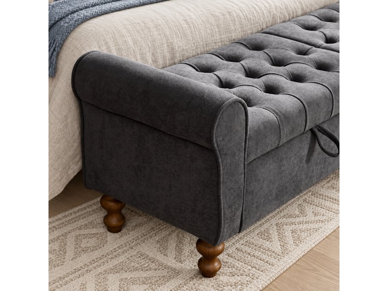  Banquette convertible en velours anthracite 156 x 46 x 51 cm, 2 couvercles rangement,avec accoudoirs roulés  - Conforama B