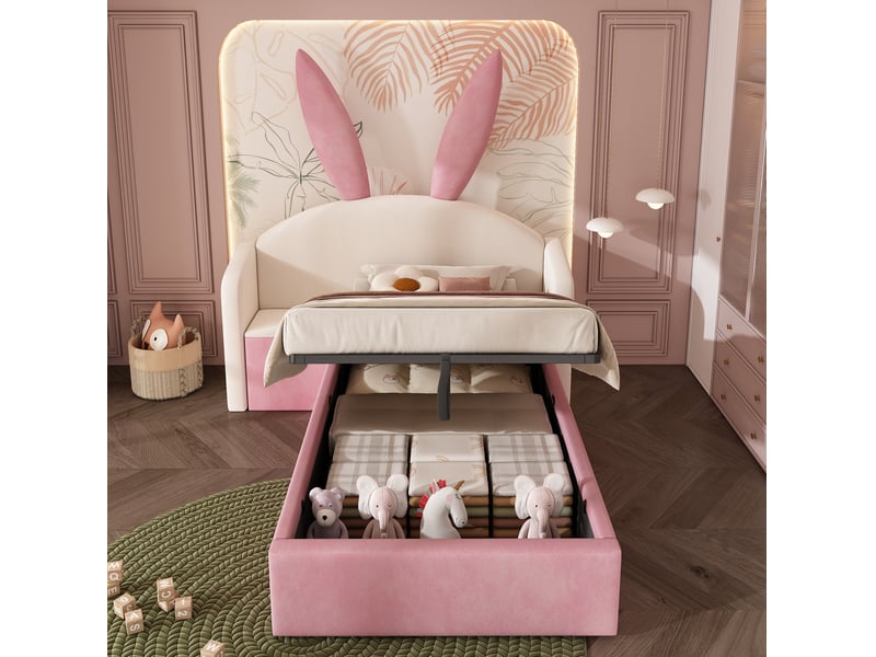 Lit enfant coffre 90 x 200 cm avec chevet réversible, oreilles de lapin, beige rose - Conforama E
