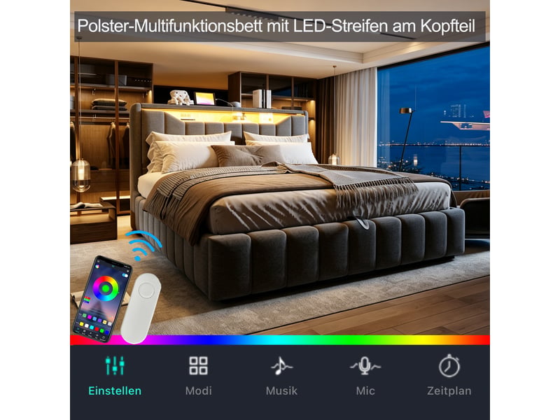  Lit coffre rembourré à vérin hydraulique 180×200 cm avec tête de lit de rangement, bande lumineuse led et ports de charge usb, revêtement en lin, adapté aux chambres et appartements, gris  - Conforama D