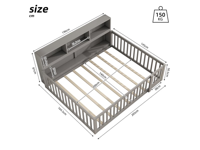  Lit de jour canapé-lit, 140 × 200 cm, gris, bois de pin, rangement intégré, sommier à lattes, sans matelas, garde-corps  - Conforama E