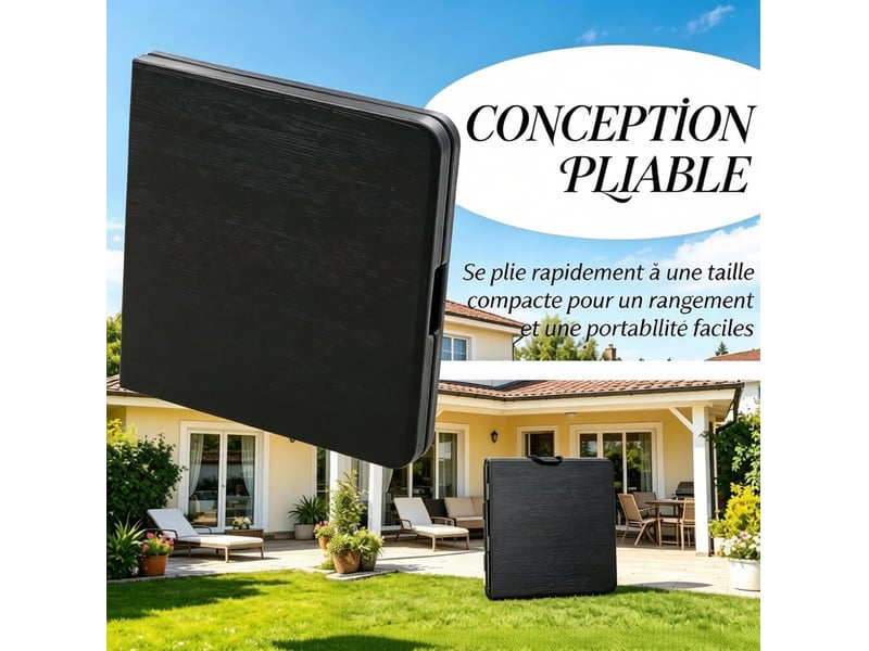  Table de jardin pliable 118x60 cm noire hdpe et acier, hauteur réglable 56 ou 74 cm pour 4 personnes  - Conforama E