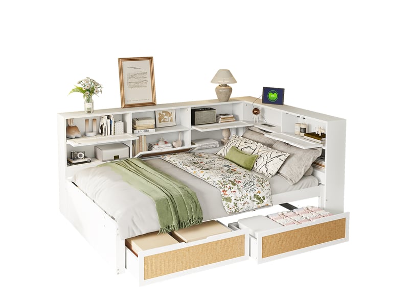  Lit canapé 140*200, tiroirs de rangement, nombreux espaces et prise usb, blanc pratique  - Conforama A