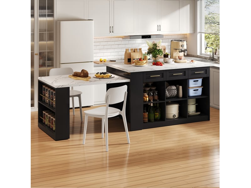 Îlot de cuisine fixe avec table escamotable coulissante, 6 tiroirs et 3 portes en mdf noir et blanc 150 × 90 × 90 cm - Conforama E