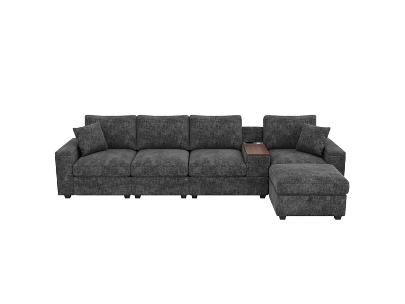 Canapé d’angle modulaire 5 places en chenille gris avec ottomane et rangement - Conforama A