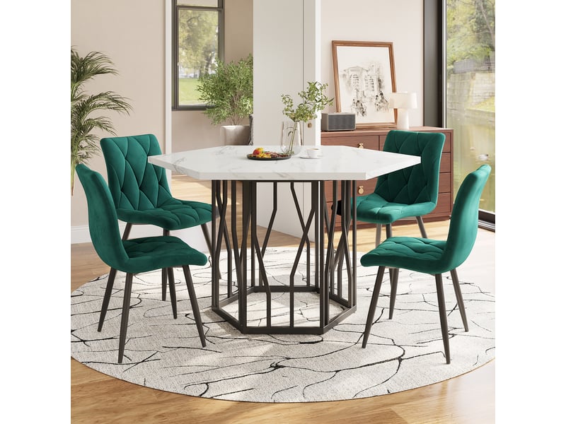 Ensemble table à manger et 4 chaises – blanc, noir et vert – table hexagonale effet marbre blanc, piètement métal noir, assises velours vert - Conforama B