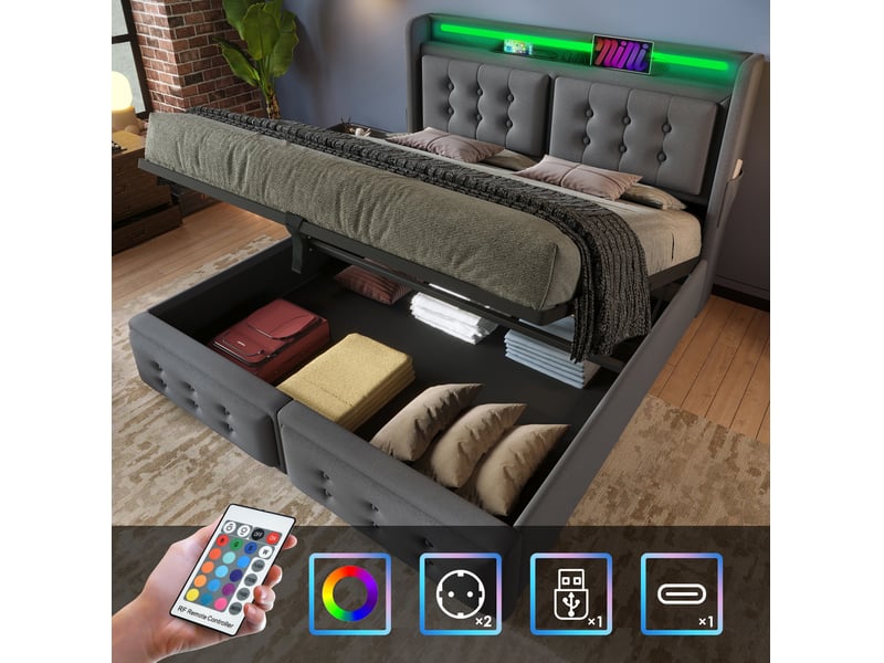  Lit coffre 180 × 200 cm 2 places avec led, prises, usb et type-c, sans matelas, en tissu gris  - Conforama C
