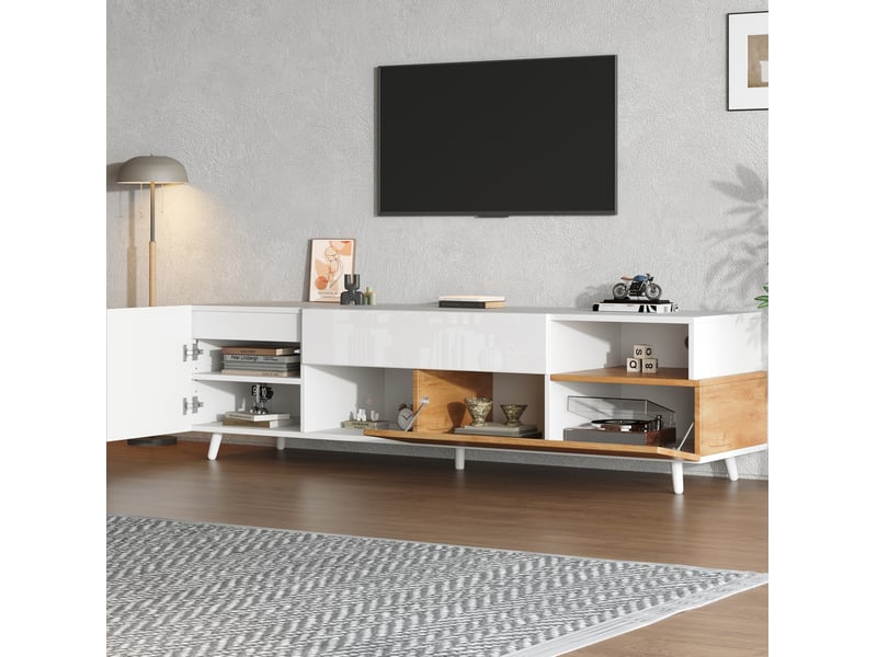  Meuble tv 180x38x50 cm – blanc et bois naturel – rangements intégrés pour écran jusqu'à 75 pouces  - Conforama E