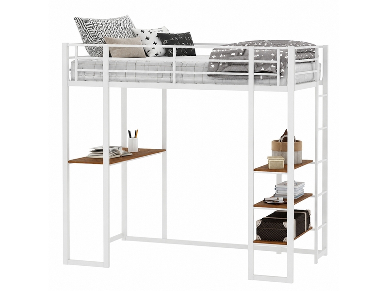  Lit mezzanine, 90x190 cm, lit en hauteur, avec bureau, solution de rangement, matelas non inclus, métal, coloris blanc  - Conforama A