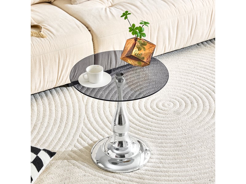  Table basse fixe ronde avec pied stable pour salon en verre trempé et métal diamètre 50 cm argentée  - Conforama B