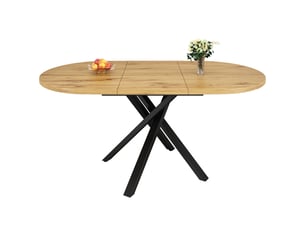 Table à manger extensible effet bois 100-140cm, ronde à ovale, piètement métal en x stable et pieds réglables