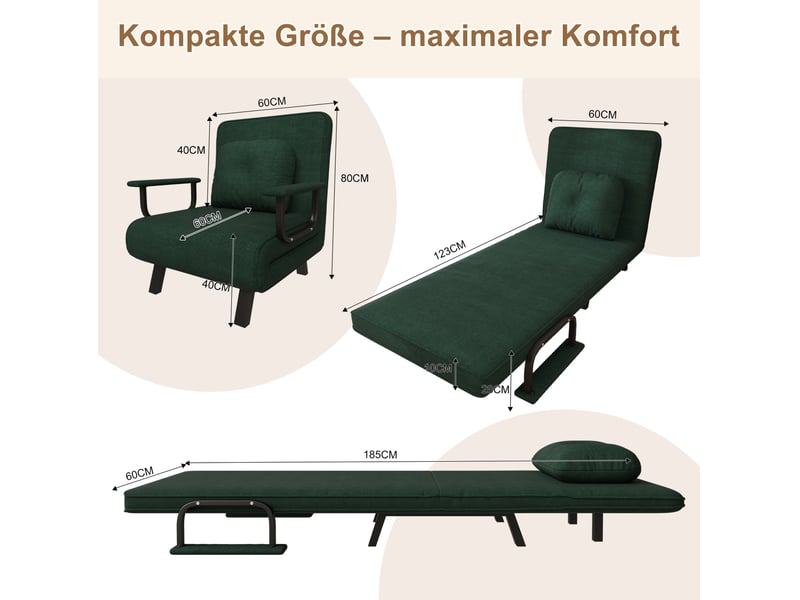 Fauteuil relax inclinable à 5 positions avec dossier 180° et supports dépliables en chenille vert foncé - Conforama E