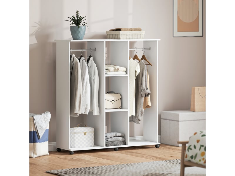  Armoire penderie meuble de rangement mobile 6 roulettes en bois blanc 120 x 40 x 128 cm  - Conforama D