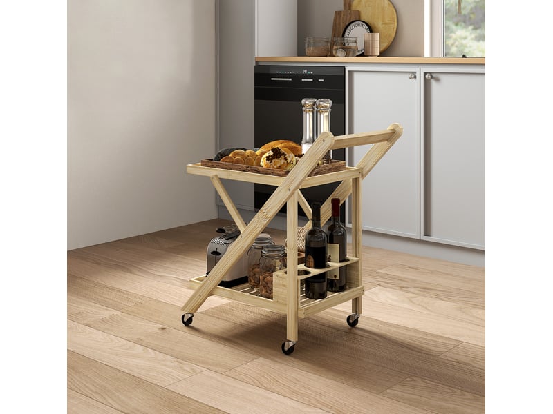  Desserte de cuisine pliable avec 2 étagères, range-bouteilles et roulettes freinées pour cuisine, 66 × 40 × 70 cm  - Conforama B