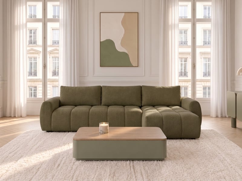  Bobochic canapé d'angle réversible convertible coffre fuji ouverture express tissu chiné vert  réversible FUJI - Conforama C