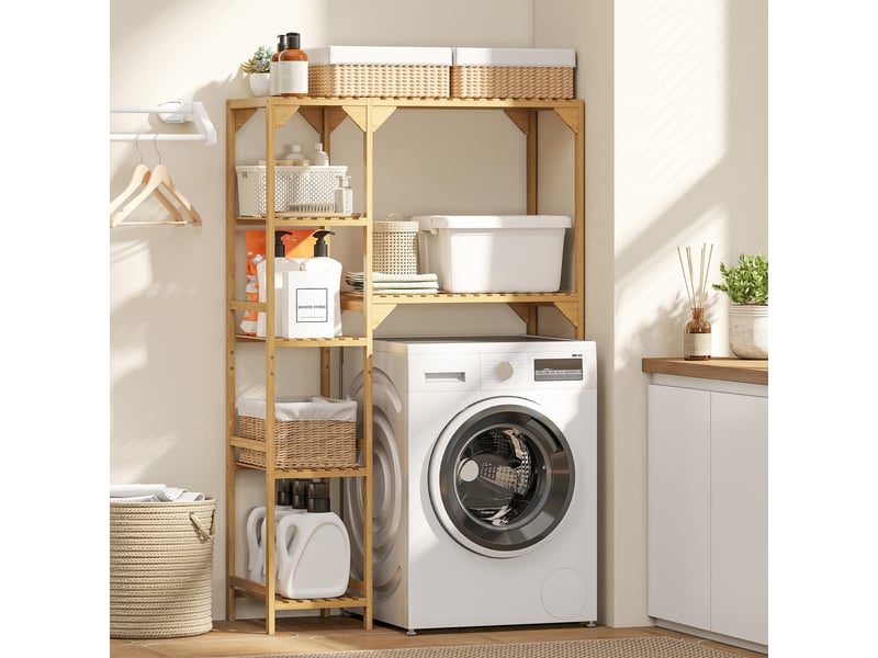 Étagère au-dessus de machine à laver en bambou, bois naturel, meuble de salle de bain moderne avec étagères réversibles - Conforama A