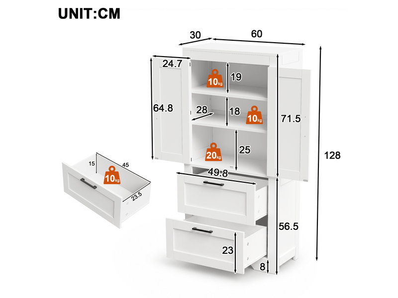 Buffet cuisine blanc 60x30x128 cm, meuble rangement salle à manger avec tiroirs et étagères réglables style grange  - Conforama C