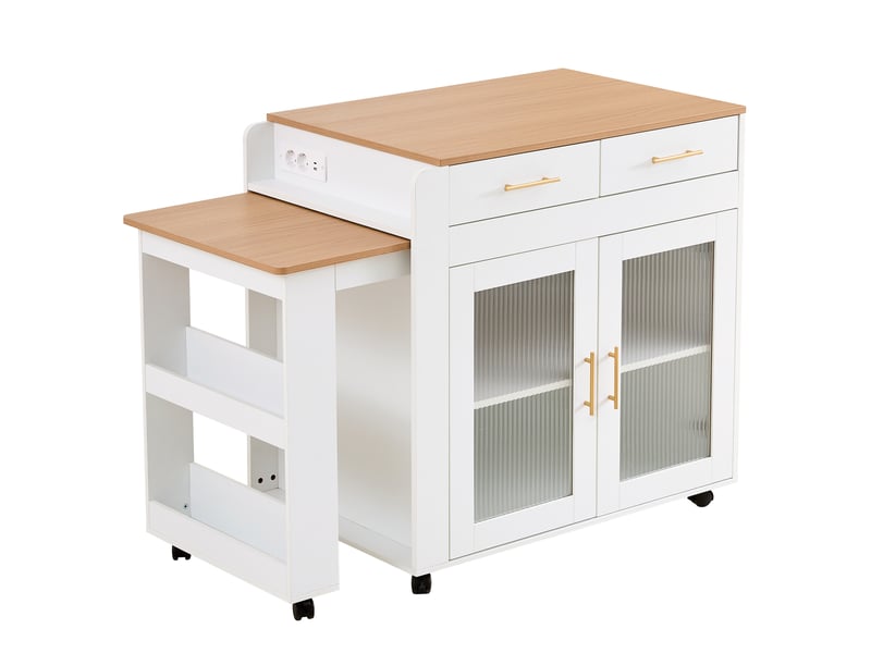 Îlot de cuisine - rangements intégrés - table extensible - port usb - prise de charge - meuble de cuisine - gain de place - blanc CozyNest - Conforama D