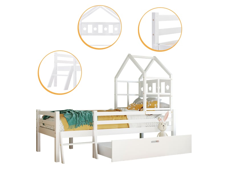 Lit mezzanine enfant 200×90 cm avec tiroir, échelle et barrières, sommier inclus, sans matelas, blanc - Conforama E