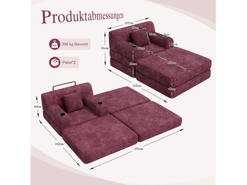  Fauteuil-lit convertible 107x162x81 cm, ouvert 191 cm, velours côtelé, porte-gobelets rouge lie-de-vin sans matelas  - Conforama C