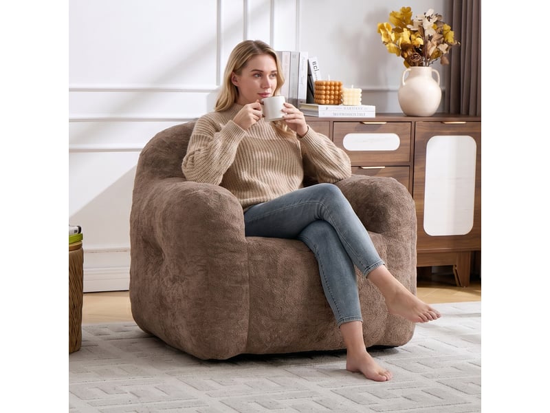  Pouf fauteuil kaki en fausse fourrure avec accoudoirs, rembourré mousse  - Conforama B