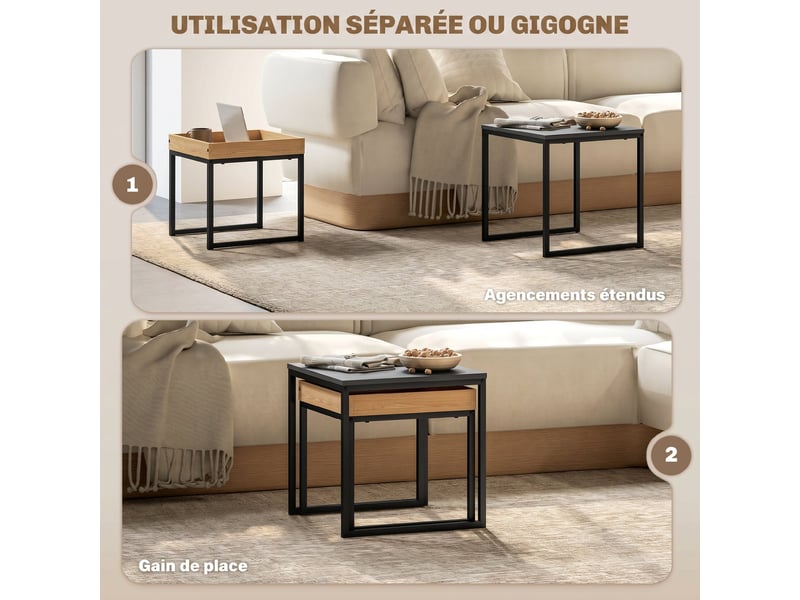  Lot de 2 tables basses gigognes carrées, tables gigognes de salon avec cadre en acier, noir, style moderne  - Conforama D