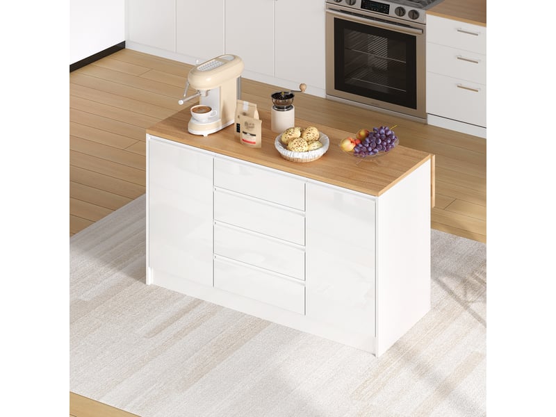 Îlot de cuisine 140 cm avec plan de travail rabattable, plateau aspect bois et façades blanc brillant, meuble de rangement moderne - Conforama D