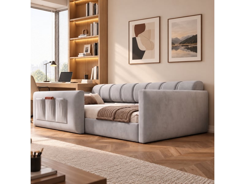  Lit banquette 90x200 cm, banquette-lit avec rangement, rangements intégrés, tête de lit rembourrée, support à lattes stable, tissu rembourré gris CozyNest - Conforama D