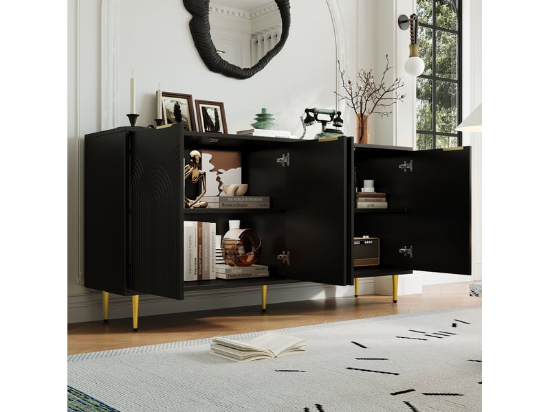  Buffet 4 portes noir 160 x 40 x 80 cm avec poignées dorées  - Conforama C