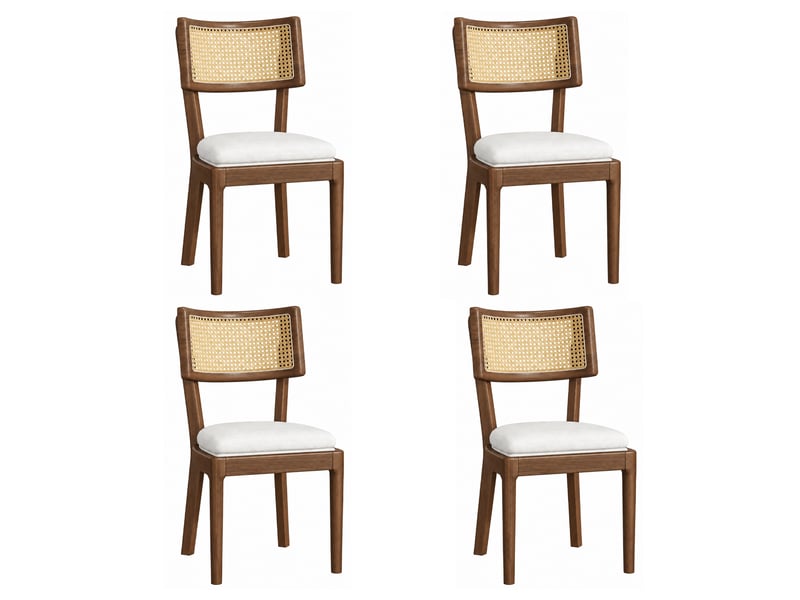  Lot de 4 chaises de salle à manger 50x58x88 cm avec dossier rotin, bois massif, noyer et beige  - Conforama A