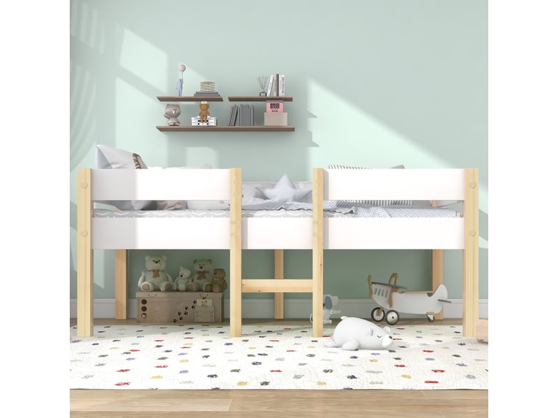  Lit enfant 90x200 cm avec protection antichute, lit simple en pin de haute qualité et offre pin massif, blanc, lit mi-hauteur  - Conforama A