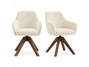 Lot de 2 chaises pivotantes 360° avec accoudoirs  - dossier ergonomique, tissu crème et bois noyer