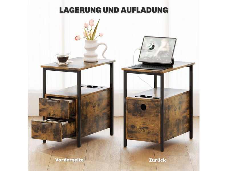  Table d'appoint 55x35x58,5 cm avec station de charge, 2 tiroirs, panneau de particules mélaminé, marron  - Conforama D